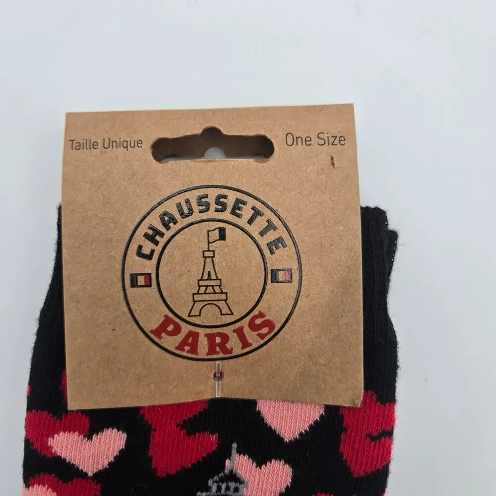 Paris Eiffel Tower Heart Socks Black Pink Red One Size NWT Cute Gift